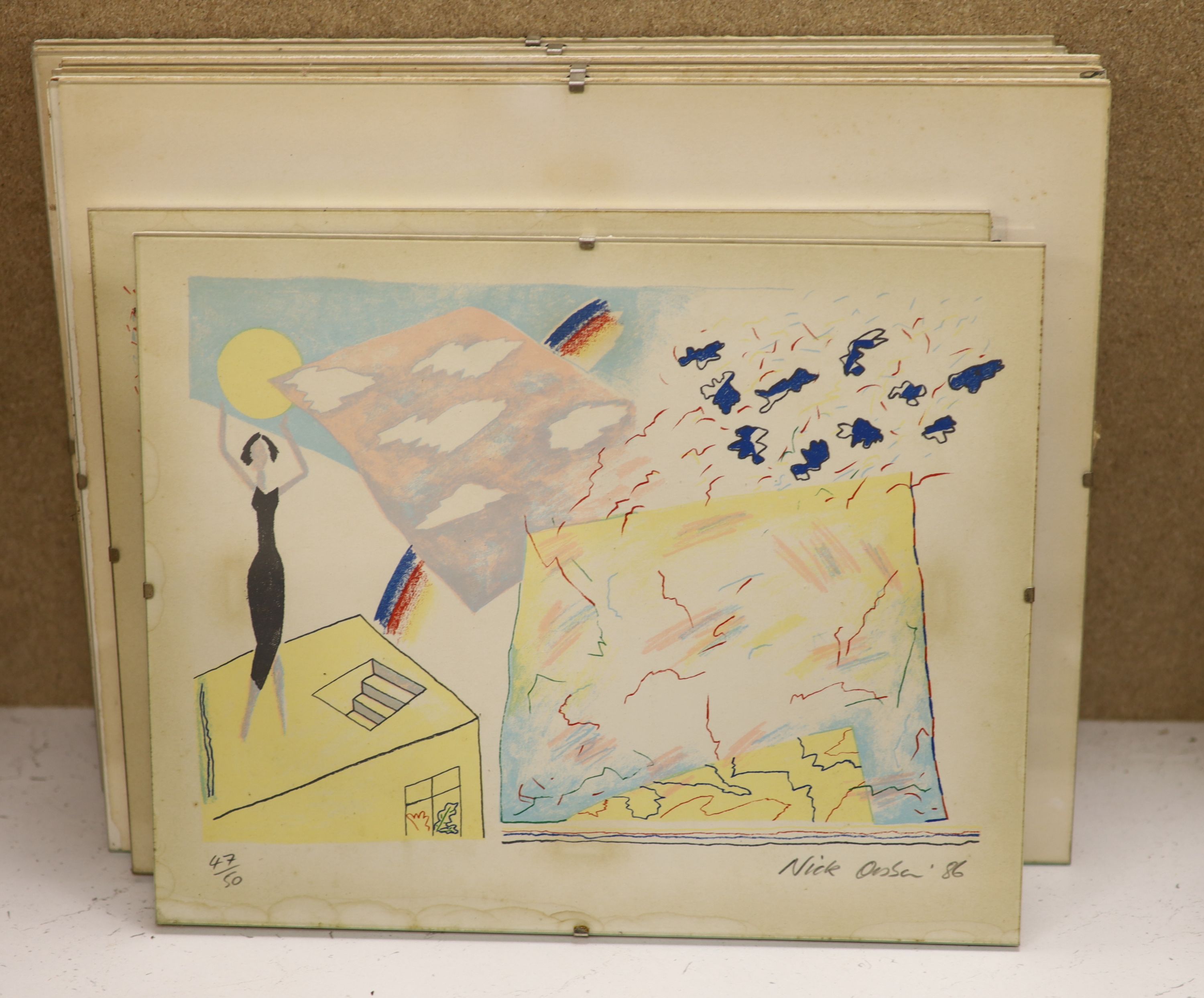 Nick Orsborn, seven limited edition prints, Untitled, signed and dated '86, largest 28 x 35cm